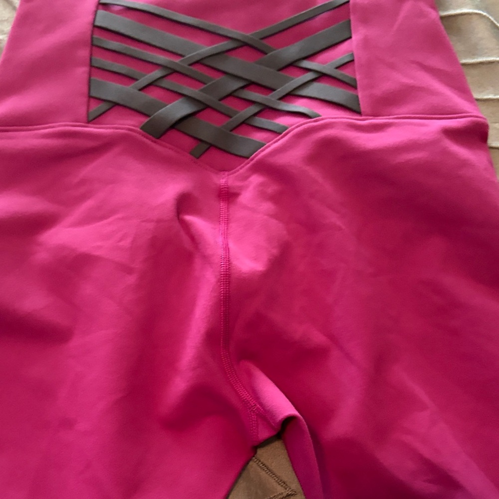 Pink Leggings with Black Crisscross Design